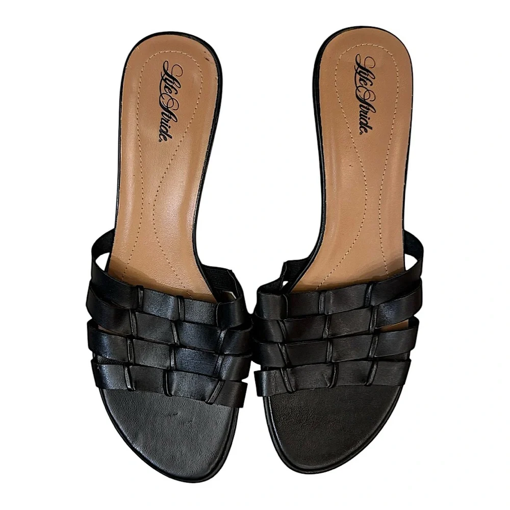🆕 NEW LIFE STRIDE Black Leather Woven open toed Mules kitten heels size 9 - Picture 1 of 7